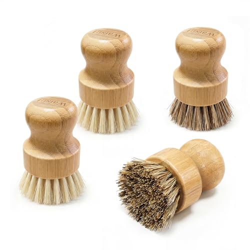 Bamboo Dish Brush Set, 4 Pack, Plastic-Free (2 Medium Sisal, 2 Firm Coconut Coir), Dish Scrubber & Vegetable Brush for Cast Iron, Nonstick