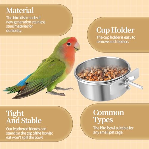 Bird Cage Feeder, Bird Feeder for Cage, 20OZ Stainless Steel Parrot Food Water Bowls with Clamp Holder, Hanging Feeding Dish Cups for Cockatiel Parakeet Conure Budgie Lovebird Small Animal - color: 20oz Stainless Steel Food Water Bowl with Clamp