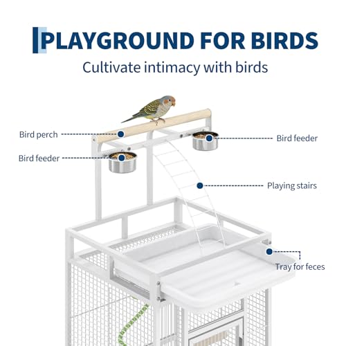 Garvee 60in Large Bird Cage, Rolling Parakeet Cage with Play Top, Bird Rope Perche, Big Bird Cages for Parrots, Parakeets, Cockatiels, Conures-White