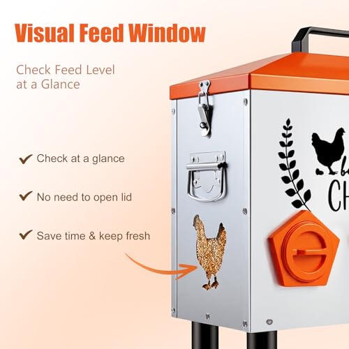 ‎Tgeyd 30 lb Metal Chicken Feeder, No-Waste Galvanized Feeder with 6 Feeding Ports, Adjustable Legs, Feed Level Window & Rainproof Roof Lid for Chickens, Ducks & Geese - size: 30LB