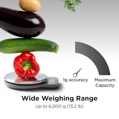 Kitchen Mama Q-Series Digital Food Scale, Metal Gray | 13.2 lb / 6000g Capacity, 1g Precision, Tare Function, Stainless Steel Platform, LCD Display - color: Metal Gray