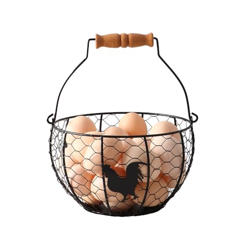 Fresh Eggs Collecting Basket With Handle，Vintage Style Metal Wire Eggs Holder Basket for Countertop Kitchen Storage Bin - color: black