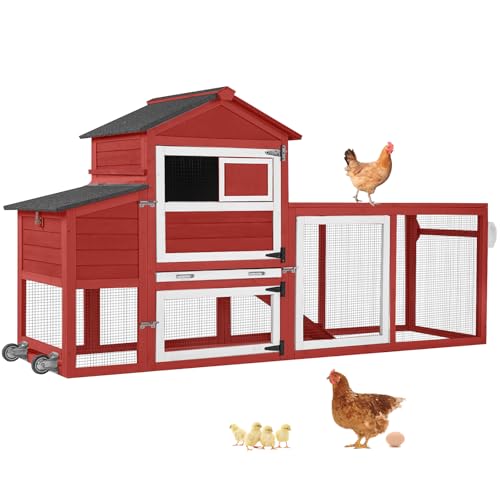Aivituvin Mobile Chicken Coop with Wheels for 4-6 Chickens, Backyard Expandable Chicken House Duck Cage with Run, 2 Nesting Boxes, Easy Clean Pull-Out Tray, Leak-Resistant Asphalt Roof, 82.4"(Red) - color: Red, size: 82.4"L x 26.0"W x 44.0"H