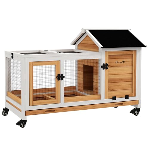 PawHut Wooden Rabbit Hutch with Wheels for Rabbits Indoor Outdoor Yellow | Large Bunny Hutch, with Run, Slide-Out Tray, for Small Animals, Chickens, Ducks, Guinea Pig - color: Yellow