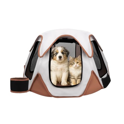 Foldable Portable Pet Playpen with Bowls,Indoor Outdoor Pet Enclosure Brown | Foldable lightweight pet tent with feeding bowls; indoor outdoor & travel camping use, fits dogs, cats, rabbits, chickens - color: brown