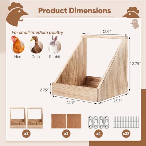 2 Pack Chicken Nesting Box, Wooden Chicken Coop, Chicken Coop Accessories, Chicken Laying Nest Box for Poultry Farm, Poultry Nesting Boxes with Nest Box Pads