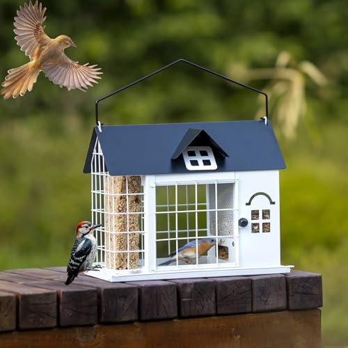 Caged Bird Feeder House, Squirrel-Proof Bird Feeders, Multi-Purpose Seed&Suet Wild Bird Feeders, Metal, 3Lb Seed Capacity+2 Suet Cake, Large Birds Proof Outdoor Hanging, White - color: White