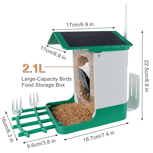 Ceeyali Smart Birds Feeder with Camera and 64GB Memory Card, 2K HD Video & Photo Live View, Solar Powered Panel, AI Birds Identification, 2.4G WiFi, 2.1L Seed Capacity (Green) - color: Green