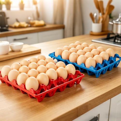 16PCS Plastic Egg Trays Egg Crates, Stackable Eggs Cartons Egg Flats, 30-Egg Storage Trays for Packing, Storage, Shipping (Blue, Red) - color: Blue/Red-16PCS