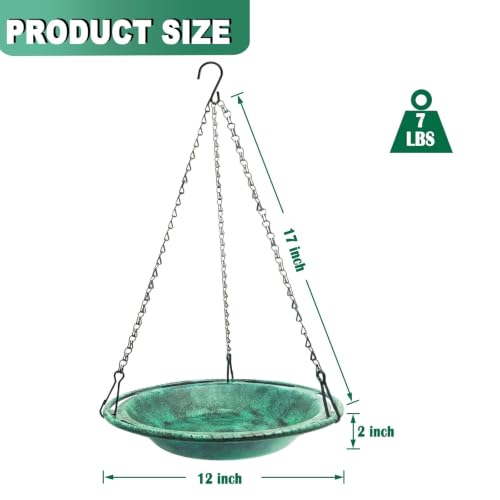 Hanging Bird Bath & Feeder Bowl, 12 in, Antique Green | Weather-Resistant PP, Backyard Garden Decor - color: Green