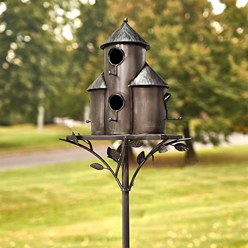 Zaer Ltd. Large Silver Colored Multi-Birdhouse Stakes, Room for 4 Bird Families in Each (Plump Triple Cylinder Homes (Silver Color)) - style: Plump Triple Cylinder Homes (Silver Color)