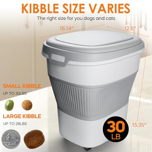 28-30lbs Collapsible Dog Food Storage Container,Airtight Dog Food Container | Pet Food Storage Container with Double Seal Lid,Wheels,Multifunctional for Dog,Cat,Rice,Flour,Scoop &Small Container - color: Grey-30lbs
