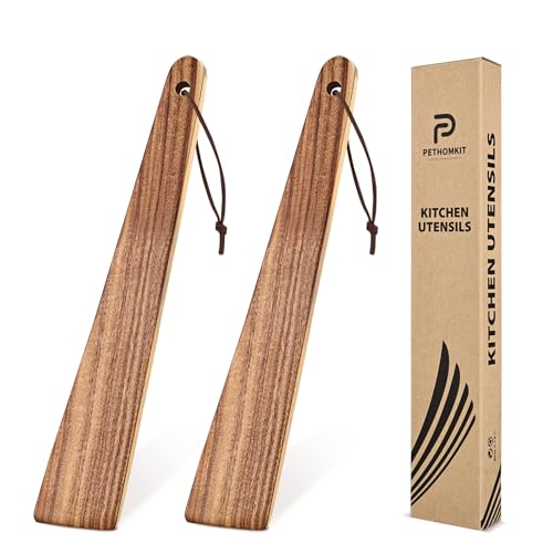 Wooden Spatula for Cooking, Teak Wood Turner & Flipper,2 Pcs,12″ | Versatile, Flat Stick Scraper Spurtle Set, Flipping, Scrambling, Turning Egg, Pancakes, Cast Iron Skillets,Non-Stick Cookware