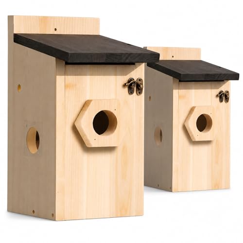 2 Pack Wooden Bird House for Outside Hanging, Birdhouse with 3 Interchangeable Entrance Holes, Predator Guard & Easy Clean Door, Outdoor Nesting Box for Bluebirds, Wrens, Chickadees - style: 2 Pack