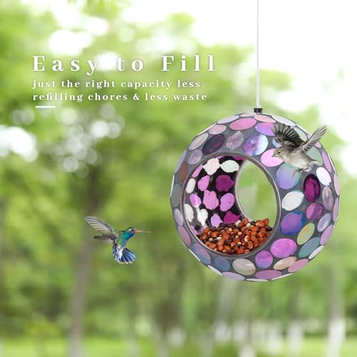 VCUTEKA Mosaic Bird Feeders Fly Through Hanging Birdfeeder for Garden Decor | 7 in Mosaic Glass Bird Feeeder for Outdoors, Purple Round Shape Glass Container Attract Wild Birds for Backyard Porch Decor - color: Black