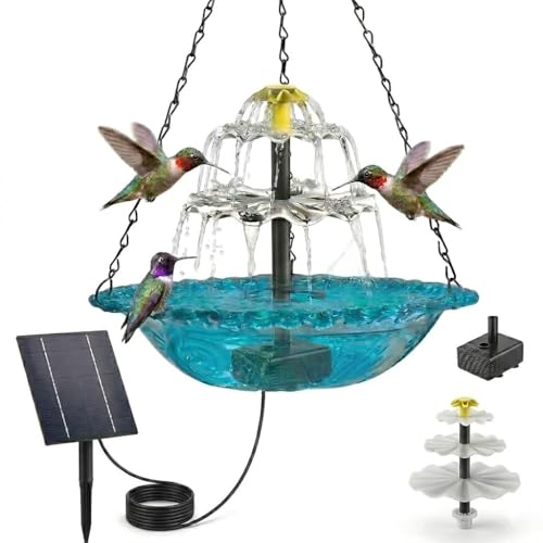 2026 Solar Cascade Hanging Bird Bath Fountain, Solar Powered Waterfall Birdbath with 3-Tier Bowl, Outdoor Hanging Water Fountain for Garden Patio Backyard Decoration, Blue (Multi-Spray Modes)