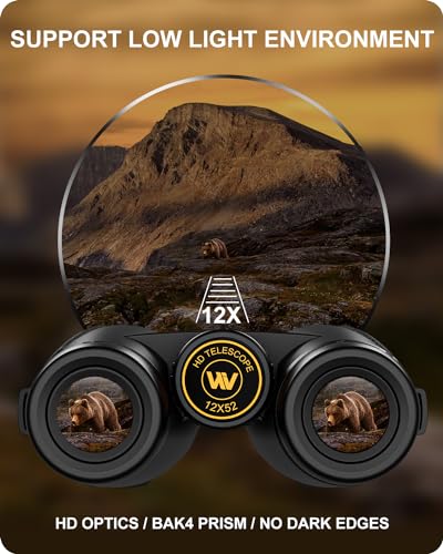 12 * 52 HD Binoculars High Powered, Binoculars for Bird Watching with Upgraded Phone Adapter,BaK4 Prisms,22mm Large Eyepiece,Clear Low Light Vision,Binocular for Hunting,Travel,Cruise