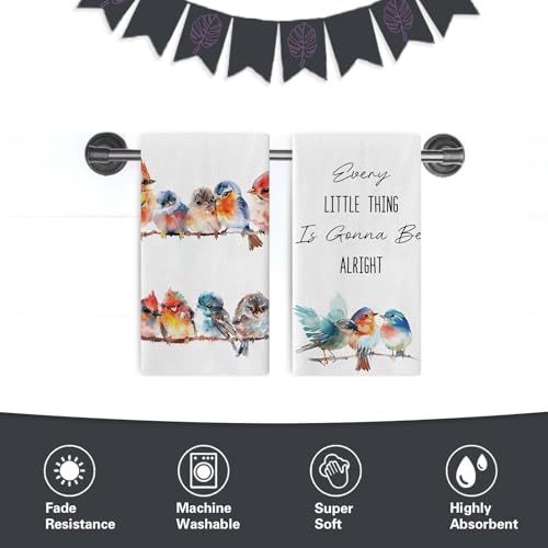 Inspirational Watercolor Birds Kitchen Dish Towels Set of 2 | Every Little Thing is Gonna Be Alright Drying Hand Towel, Spring Summer Cardinal Bluebird Bathroom Baking Cooking Cloth