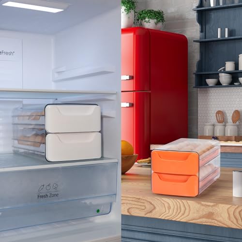 36-Egg Holder for Refrigerator, 2-Tier Stackable Egg Dispenser, Orange | 36-egg double-layer refrigerator organizer with smooth sliding drawers, clear PET body, and anti-slip silicone pads. - color: Orange