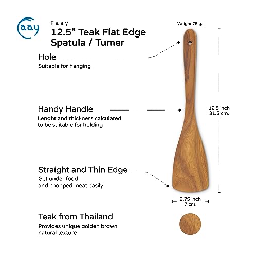 FAAY Teak Wooden Turner, Saute Paddle, Spatula, Compact - XL Size, Healthy and High Moist Resistance for Non Stick Cookware (12 Inch Flat Edge Spatula) - size: 12 Inch Flat Edge Spatula