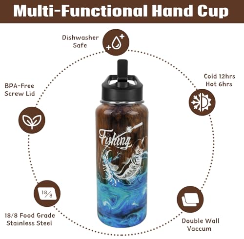 Fishing Water Bottle with Straws Fish Insulated Water Bottle Gifts for Men Dad Papa Husband Fisherman Fathers Day,Anniversary,Christmas,Birthday Travel Thermal Double Walled Vacuum Cup-32 oz - color: brown fishing