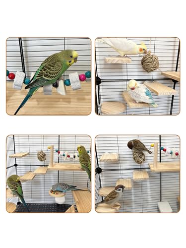 Bird Ledges Wood Sets, Parakeet Wooden Stand Platform with Lava Ledge Blocks Chew Toys Bird Cage Cage Accessories for Finches Canaries Cockatiels Parrot