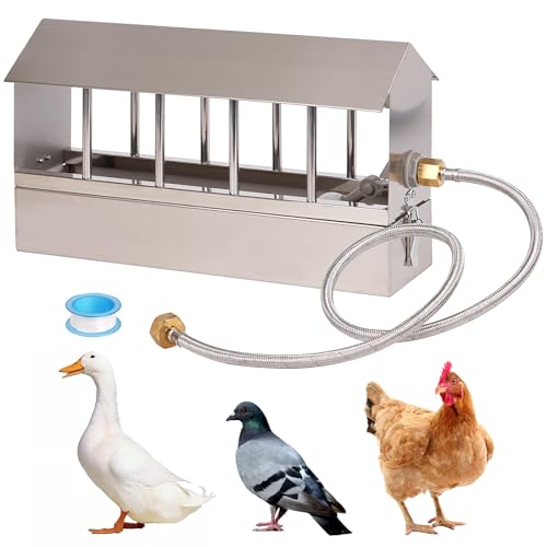 Automatic Chicken Waterer Stainless Steel Chicken Water Feeder Pigeon Water Dispenser with Float Valve Automatic Filling Water Poultry Waterer Fountain for Duck Goose Pigeon Quail