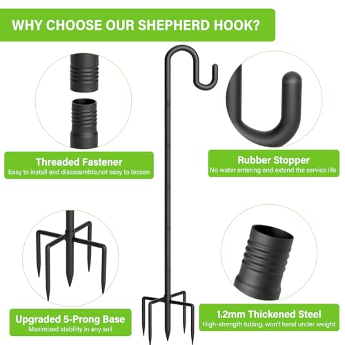 Shepherds Hook for Bird Feeder, 48" Heavy Duty Double Bird Feeder Pole with 5-Prong Base, Thickened Metal Shepherd Hook for Outdoor Hanging Plant Baskets, Hummingbird Feeder, Black, 1 Pack - size: 48 Inch, style: 1 Pack