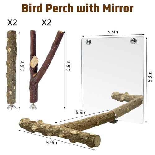 BNOSDM 5PCS Bird Perches Stand with Mirror Parrot Wood Stick Perches | Natural Forked Perch Branch Parakeet Toy Set Bird Cage Accessories for Budgie Cockatiel Conure Finch Lovebird