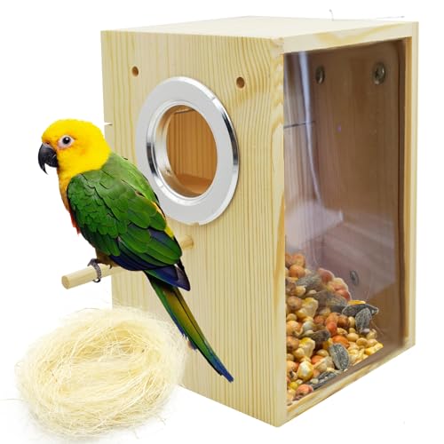 kathson Parakeet Nesting Box Transparent Bird House Bird Nest Box for Cage Parrot Nesting Boxes Wooden Breeding Box for Cockatiel Lovebirds Budgie Finch Canary(M) - size: [L:8.9 x 5.9 x 5.9 lnches]