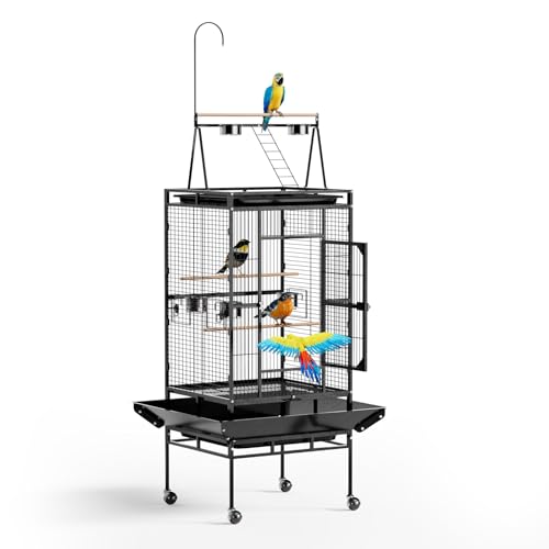 VINGLI 83 Inch Bird Cage with Play Top, Large Wrought Iron Bird Cage with Wheels, Rolling Parakeet Cage with Removable Tray for Cockatiels Lovebird Finches Canaries