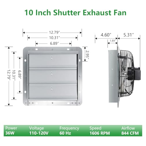 Louvered Exhaust Fan, 10 inch Wall Mount Shutter Fans w/Speed Controller,844 CFM,Chicken Coops Vent Fan for Greenhouse, Gable, Barn, Garage, Shed Ventilation Fan - color: With Speed Control, size: 10inch