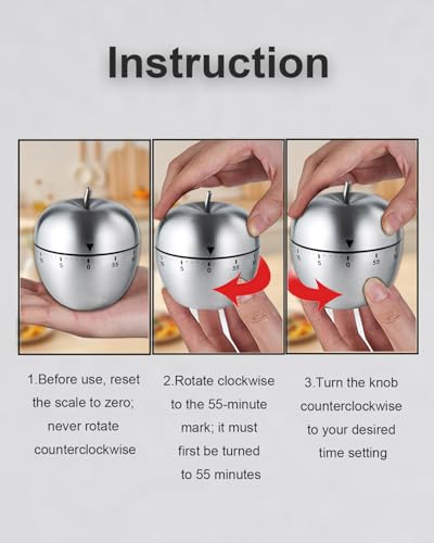 Kitchen Timer for Cooking, 60 Minutes Mechanical Timer - No Batteries Required, Stainless Steel Apple-Shape Cute Countdown Clock for Cooking, Learning, Exercises, Gaming - color: Silver2
