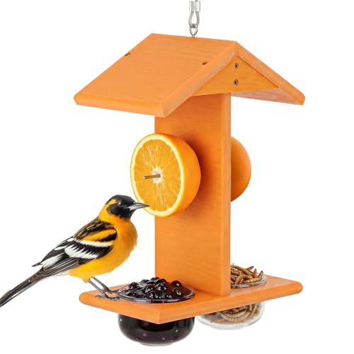 Gbekery Oriole Feeders for Outdoors Hanging,All-in-One Recycled Plastic Oriole Feeder with Two Removable Glass Cups Jelly or Jam, Fruit, Nectar or Seed for Orioles,Orange,1 Pack - size: 1 Pack with two cups