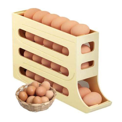 4 Tiers Egg Holder for Fridge Automatic Rolling Egg Dispenser 30 Eggs Storage Rack FIFO Egg Holder for Refrigerator Space-Saving Large Capacity Egg Roller Container Slim Gravity Egg Organizer - color: YELLOW