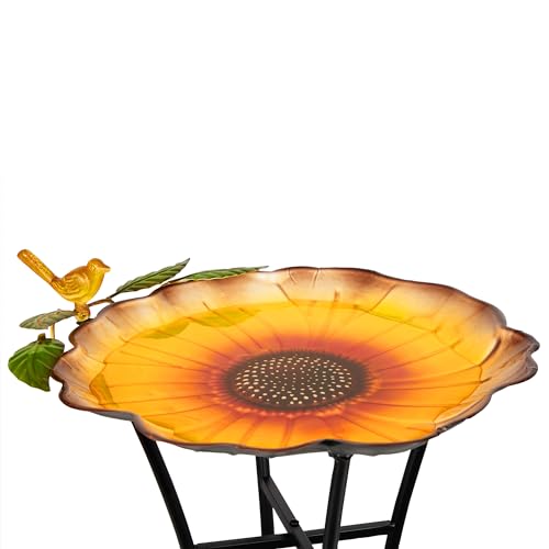 Alpine Corporation ORS882 Outdoor Metal Birdbath w/ Stylish Stand, Sunflower Birdbath Bowl and Stand Set, 29"H, Yellow/Green - color: Yellow/Green