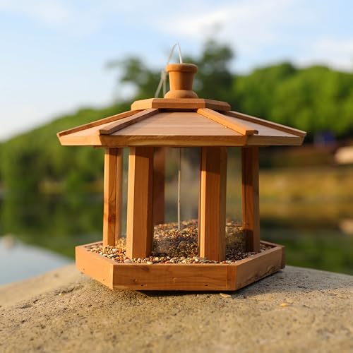 Wooden Bird Feeder for Outdoors Hanging, Red Cedar Hexagon Shaped Large Capacity, Cardinal Birdfeeder for Garden Decoration Yard, Weatherproof and Durable(Large) - size: Large