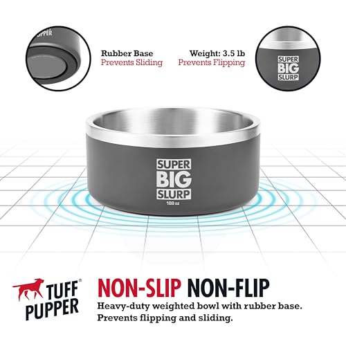 Tuff Pupper Heavy Duty Insulated Dog Bowl | Double Wall Stainless Steel Dog Food Dish | Non-Slip Spill Proof Dishwasher Safe Cat Bowl | Water Dish for Feeding Large Medium Small Pets (188oz, Grey) - color: Cool Grey, size: 188oz