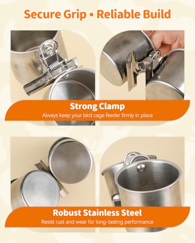 Pawfly Bird Cage Mounted Food & Water Containers, Sturdy Stainless Steel Cups with Clamp Design, Feeding Supplies for Budgie, Parakeet, Cockatiel & Conure