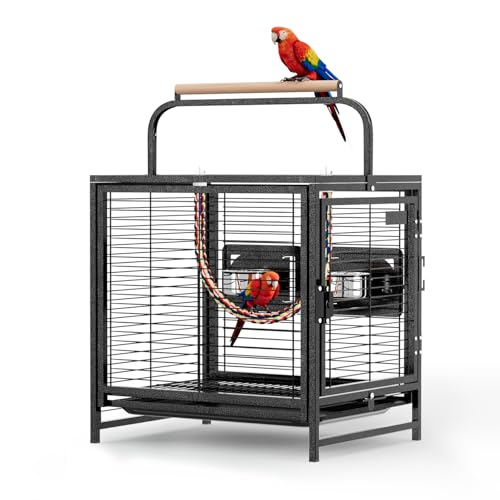 VINGLI Small Bird Cage, 19 inch Travel Carrier Bird Cage with Handle, Wrought Iron Parakeet Cage with Wooden Perch for Parrot Lovebirds Finches Small/Medium Birds (Hammertone Black) - color: Hammertone Black