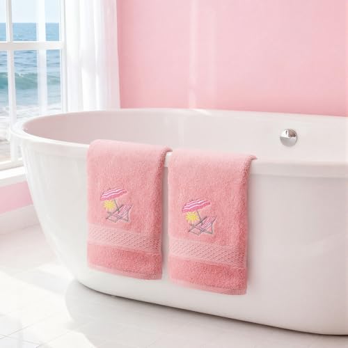 SmoothNovelty 2 Pcs Beach Chair Hand Towels Pink Bathroom Decor 14x29 Inch | Embroidered Pink Bathroom Hand Towels, 100% Cotton, Soft Absorbent, Summer Beach Coastal Theme Bathroom Kitchen Decor - style: Cute Beach Chair