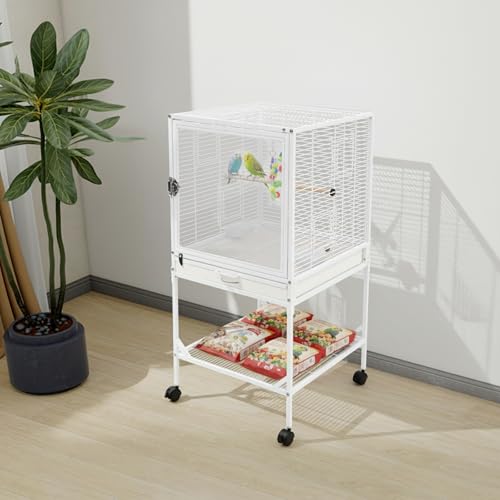 Bird Cage, 17.95 x 17.95 x 38 Inch Mobile Bird Flight Cage Large Metal Parakeet Cage w/Slide-Out Tray & Storage Shelf for Budgerigars Lovebirds Kea Parrots & Sun Conures - color: White, size: 18.0"L x 18.0"W x 38.0"H