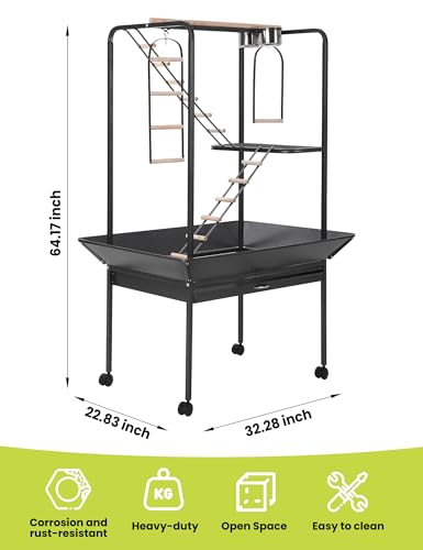 Large 66'' Black Bird Cage Play Center – Perches, Ladders, Rotating Ring, Removable Tray, Lockable Casters – Spacious Detachable Aviary for Macaw, Parakeet, Conure