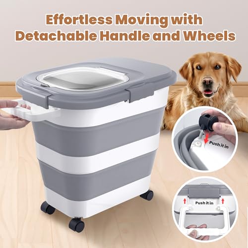 23-25Lbs Airtight Dog Food Storage Container,Collapsible Dog Food Container | Large Pet Food Storage Container with Lid,Wheels,Handle,Scoop,Small Cat Food Container for Dog Cat - color: Grey/25 LBS