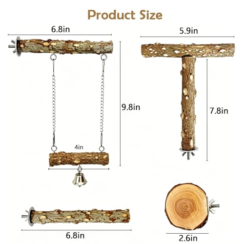 4-Piece Bird Perch Set for Cage, Natural Wood Bird Cage Accessories, Hammock Swing, Parrot Climbing Standing Branches, Durable Cockatiels,Conure,Lovebird, Budgie Toys