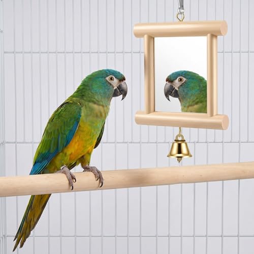 Bird Mirror with Bell for Cage for Coop Enrichment, 4 x4 Inch Hanging Swing Pet Mirror Chicken Enrichment Toys for Hens Birds Parrots(Wood Color) - color: Wood Color
