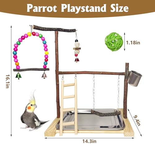 Bird Playground Parrot Playstand Parakeet Gym Playpen Cockatiel Play Stand Wood Perch Exercise Activity Center Ladders Feeder Cups Cage Accessories Swing Chew Toys for Cockatoo Budgie Lovebird Finch