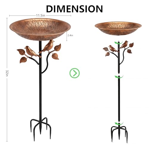 Metal Bird Bath for Outdoors, 32’’Tall 11.5’’ Diameter 2.4’’ Deep Iron Birdbaths for Outside Garden Yard Decor, Upgraded 5-Prong Base Freestanding Bird Feeder Bowl with Stake 0.8 Gallon - size: 2.4'Deep