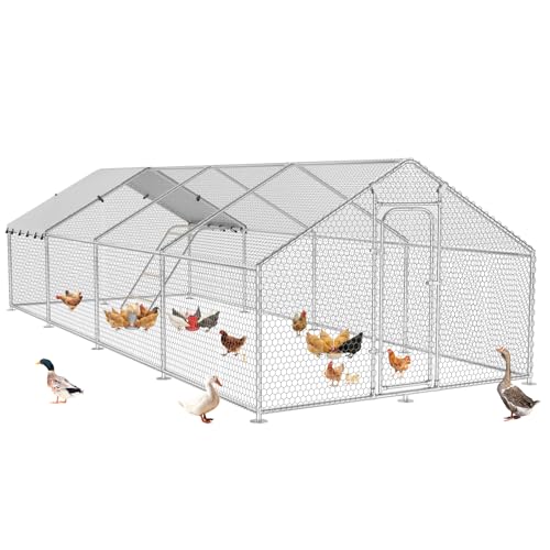 10 x 26.2 x 6.4 FT Metal Chicken Run, Chicken Coop with Cover | Reinforced frame, Walk-in Chicken Coop, Waterproof Cover, Side Hardware Cloth, Roosting Perch, Backyard & Farm Use - size: 26x10Ft