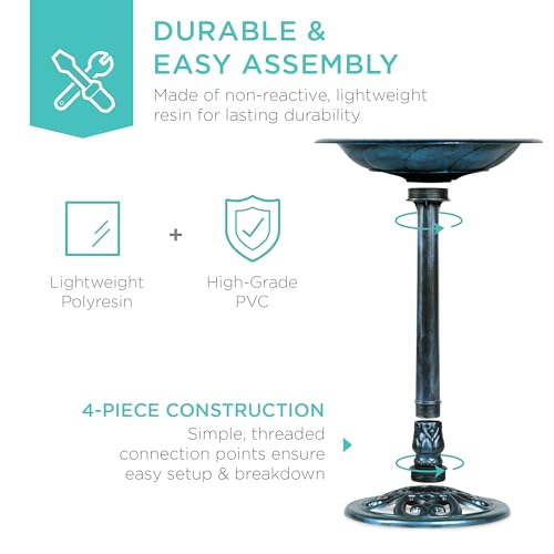 Best Choice Products 28in Pedestal Bird Bath, Vintage Outdoor Resin Accent Decoration w/Fleur-de-Lis Accents - Peacock Blue - color: Peacock Blue